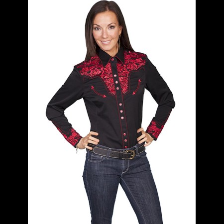 Scully Floral Tooled Embroided Blouse Crimson Size XL